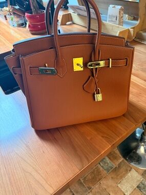 Brown Leather Satchel with Gold Hardware